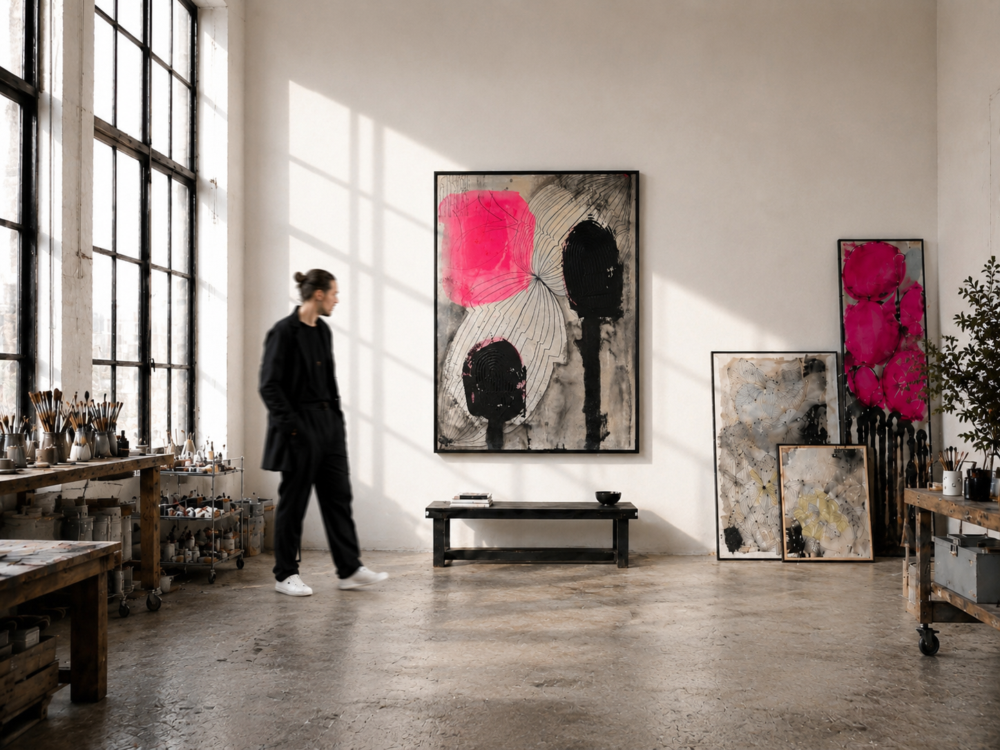 Torge Steffens in his studio with abstract paintings